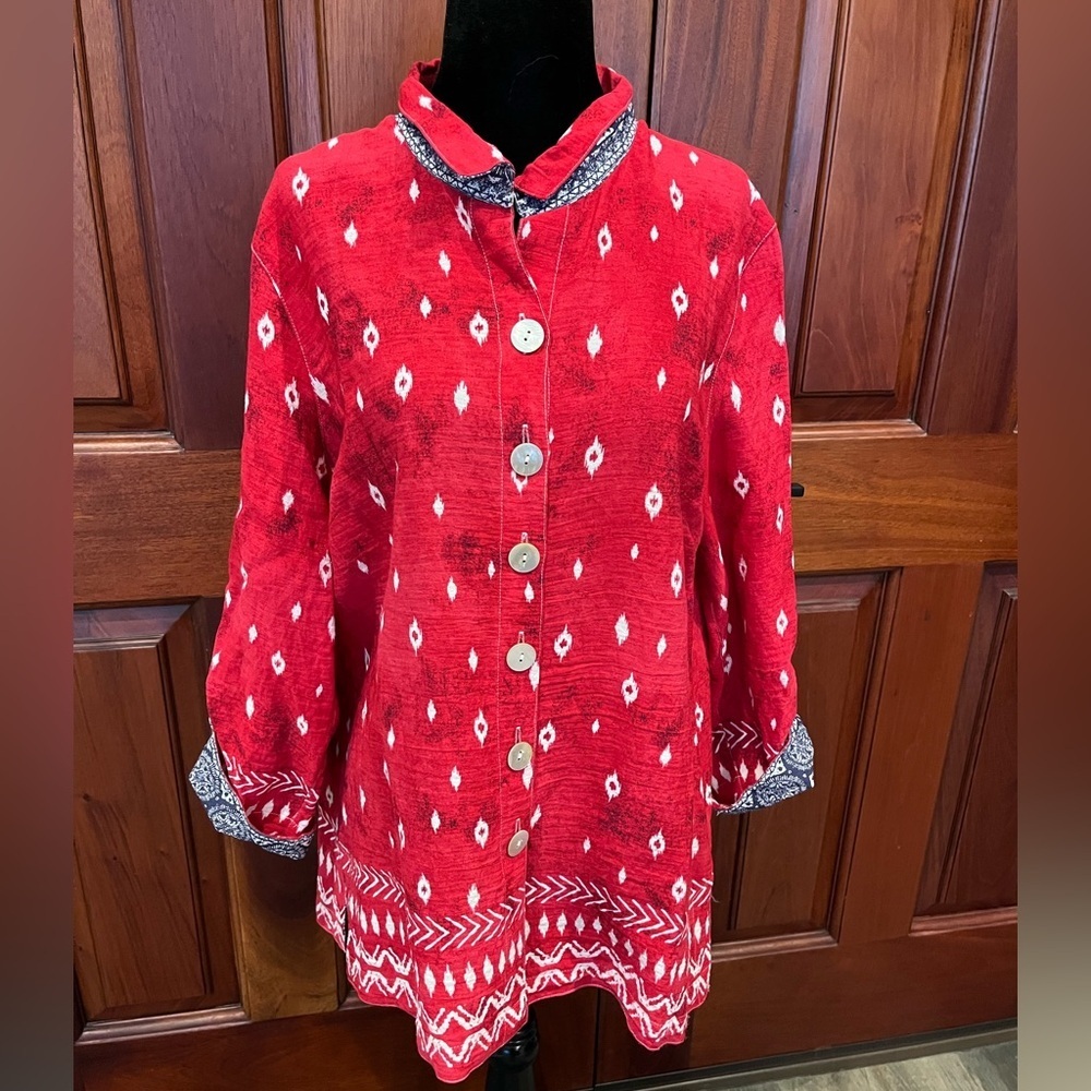 John Mark Size M Button Up Shirt Artsy Wire Collar Vibrant Red Bandana Ikat Top